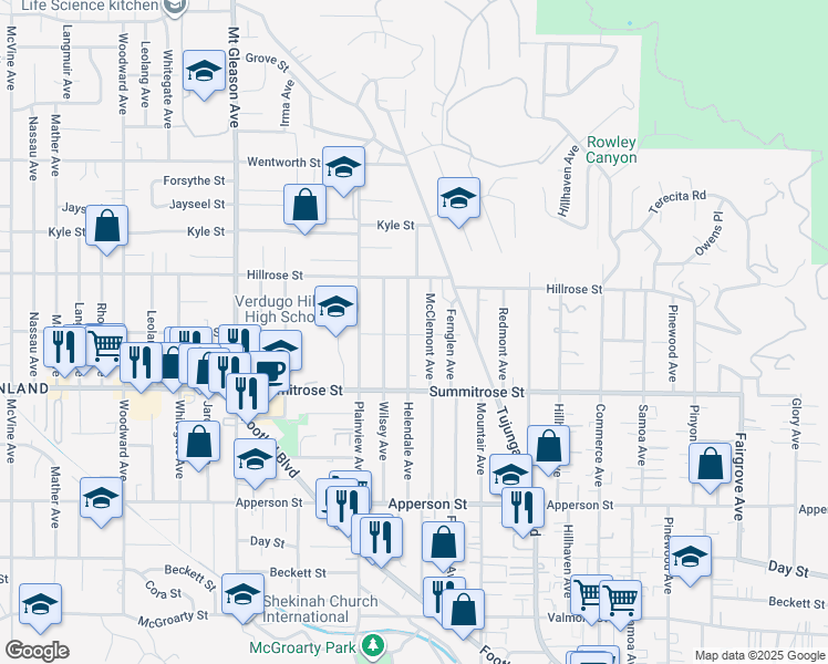 map of restaurants, bars, coffee shops, grocery stores, and more near 10602 Helendale Avenue in Los Angeles