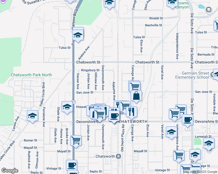 map of restaurants, bars, coffee shops, grocery stores, and more near 21614 Stanwell Street in Los Angeles