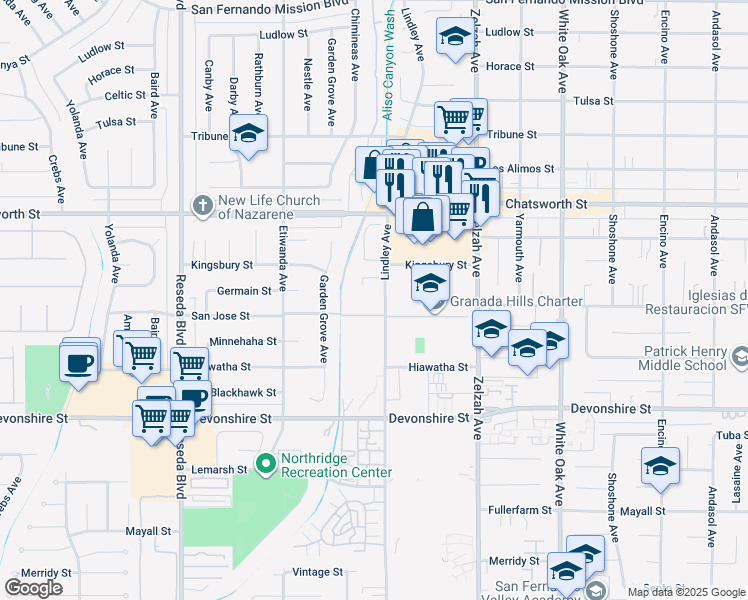 map of restaurants, bars, coffee shops, grocery stores, and more near 10511 Lindley Avenue in Los Angeles