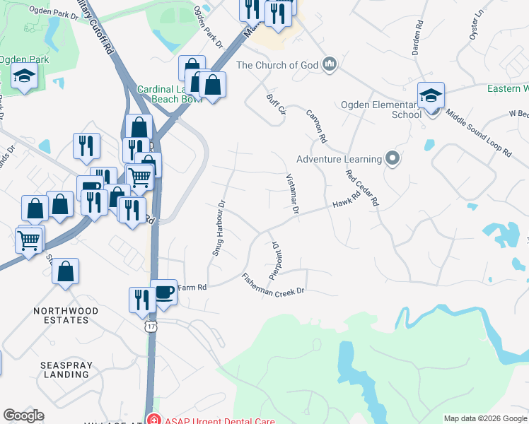 map of restaurants, bars, coffee shops, grocery stores, and more near 7201 Lounsberry Court in Wilmington