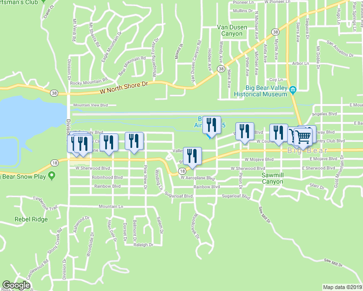 map of restaurants, bars, coffee shops, grocery stores, and more near 634 West Country Club Boulevard in Big Bear