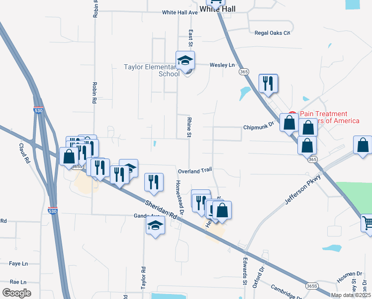 map of restaurants, bars, coffee shops, grocery stores, and more near 1208 Frontier Lane in White Hall