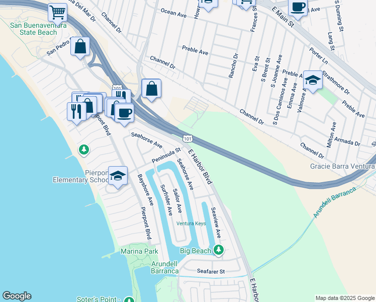 map of restaurants, bars, coffee shops, grocery stores, and more near 2621 East Harbor Boulevard in Ventura