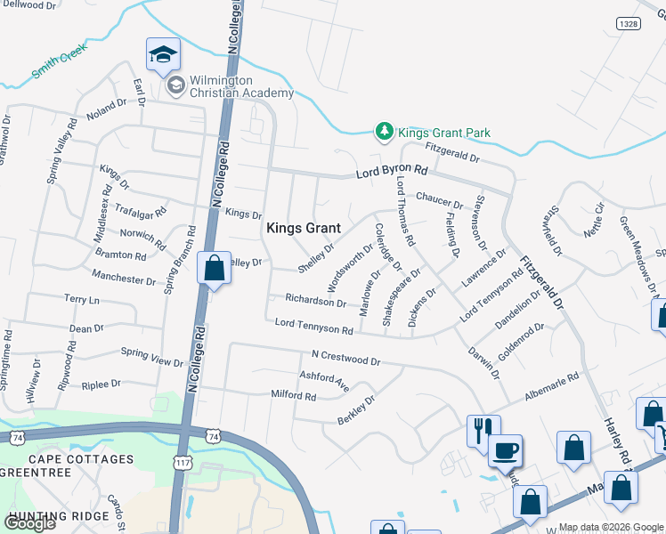 map of restaurants, bars, coffee shops, grocery stores, and more near 921 Wordsworth Drive in Wilmington