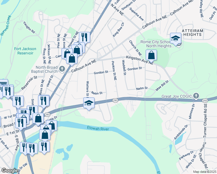 map of restaurants, bars, coffee shops, grocery stores, and more near 104 Chambers Street Northeast in Rome