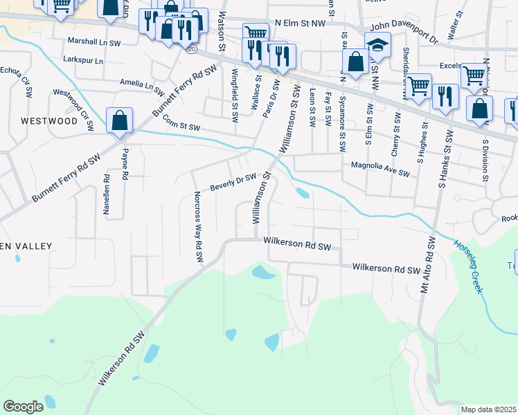 map of restaurants, bars, coffee shops, grocery stores, and more near 123 Williamson Street Southwest in Rome