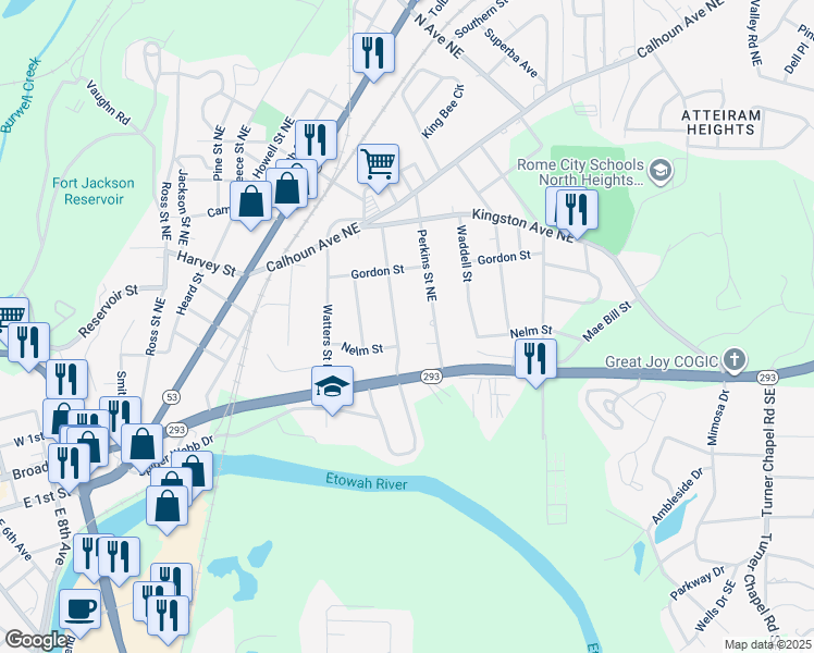 map of restaurants, bars, coffee shops, grocery stores, and more near 104 Chambers Street Northeast in Rome
