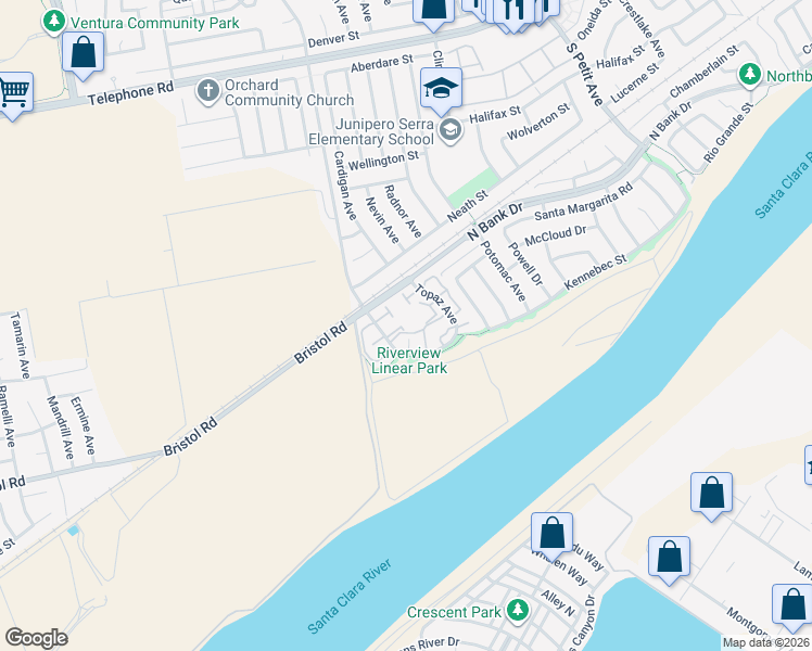 map of restaurants, bars, coffee shops, grocery stores, and more near 1864 Columbia Drive in Ventura