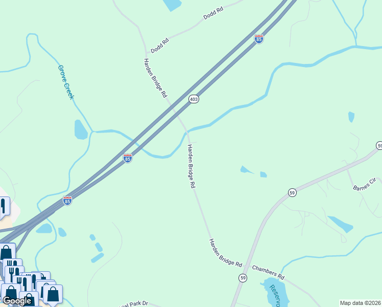 map of restaurants, bars, coffee shops, grocery stores, and more near 1075 Harden Bridge Road in Commerce