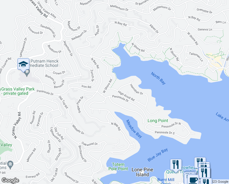 map of restaurants, bars, coffee shops, grocery stores, and more near 27601 High Knoll Road in Lake Arrowhead