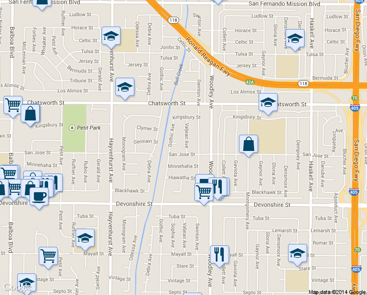 map of restaurants, bars, coffee shops, grocery stores, and more near 10515 Valjean Avenue in Los Angeles