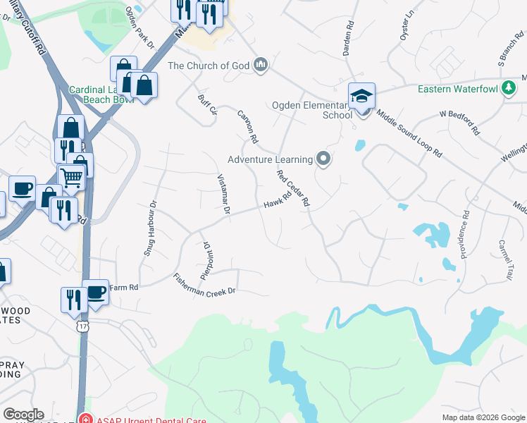 map of restaurants, bars, coffee shops, grocery stores, and more near 7600 Hawk Road in Wilmington