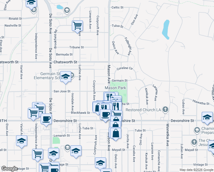 map of restaurants, bars, coffee shops, grocery stores, and more near 20516 Germain Street in Los Angeles