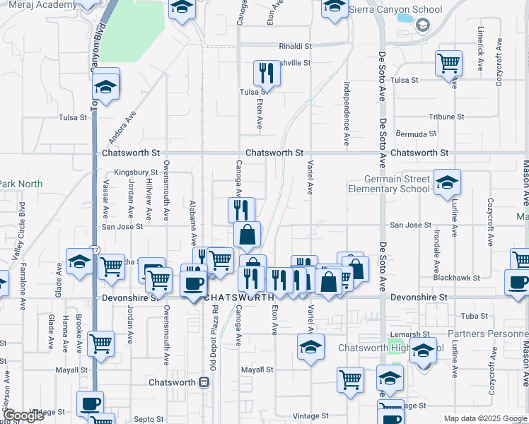 map of restaurants, bars, coffee shops, grocery stores, and more near 1055 San Jose Street in Los Angeles