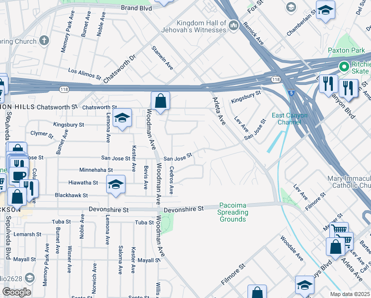map of restaurants, bars, coffee shops, grocery stores, and more near 14702 Germain Street in Los Angeles