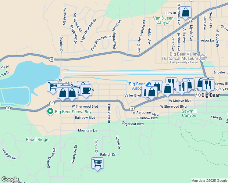 map of restaurants, bars, coffee shops, grocery stores, and more near 740 West Country Club Boulevard in Big Bear