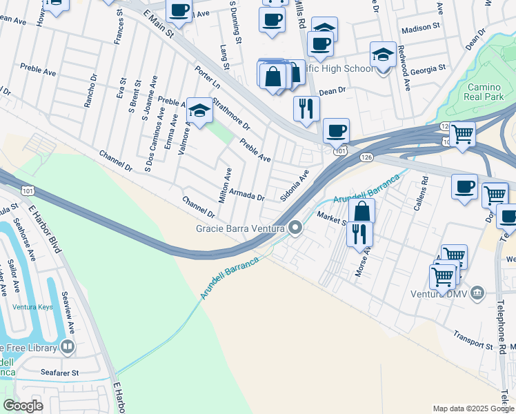 map of restaurants, bars, coffee shops, grocery stores, and more near 829 Empire Avenue in Ventura