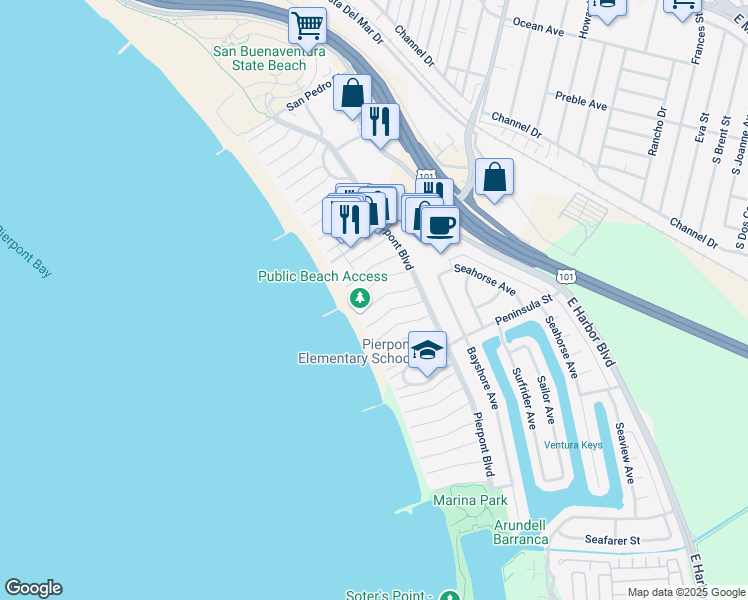 map of restaurants, bars, coffee shops, grocery stores, and more near 1173 Shelburn Lane in Ventura