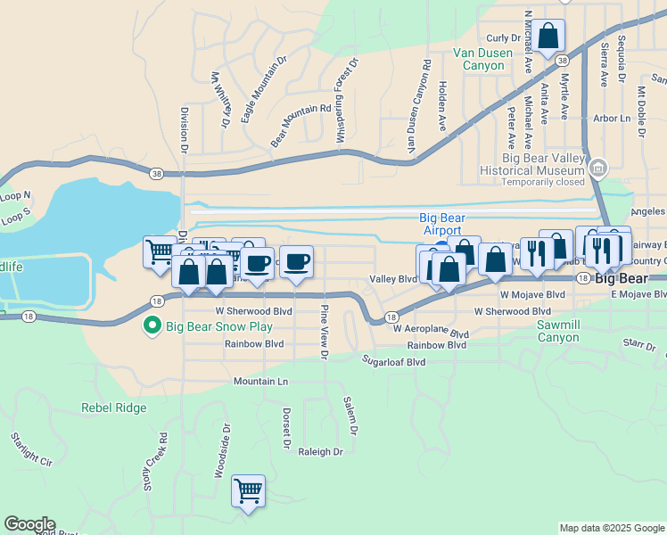 map of restaurants, bars, coffee shops, grocery stores, and more near 746 West Country Club Boulevard in Big Bear