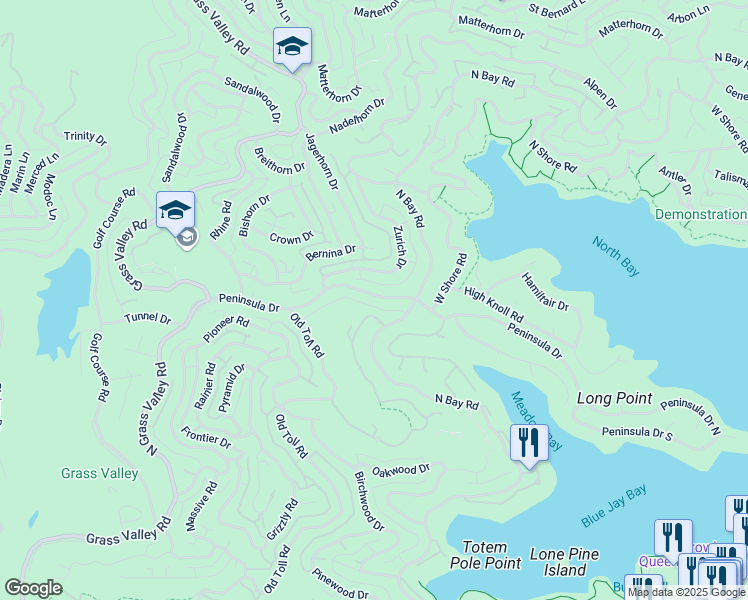 map of restaurants, bars, coffee shops, grocery stores, and more near 27413 Peninsula Drive in Lake Arrowhead