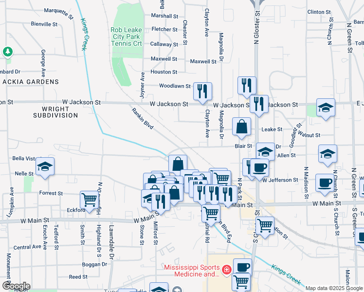 map of restaurants, bars, coffee shops, grocery stores, and more near 1206 Blair Street in Tupelo