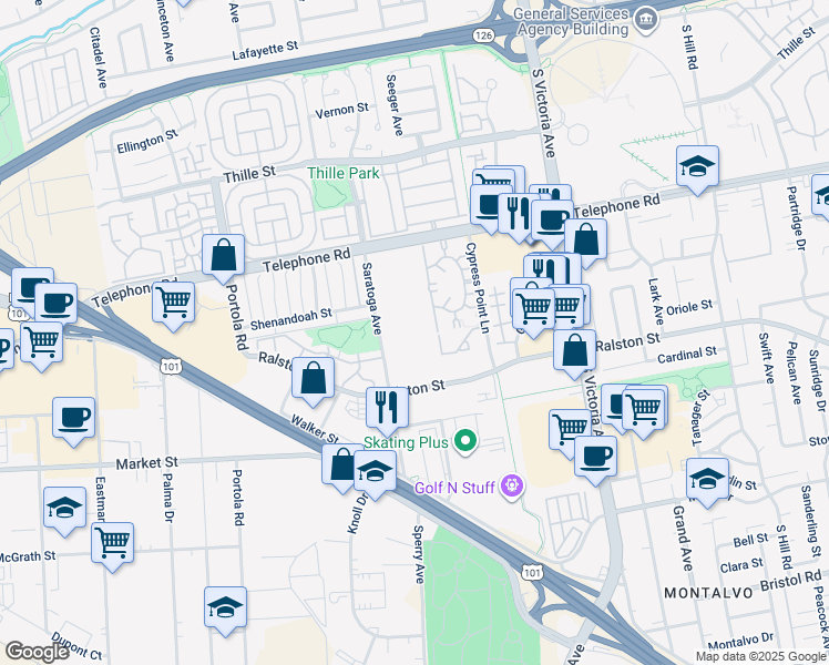 map of restaurants, bars, coffee shops, grocery stores, and more near 1300 Saratoga Avenue in Ventura