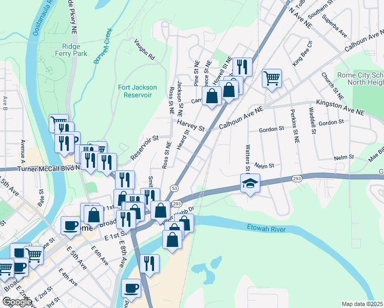 map of restaurants, bars, coffee shops, grocery stores, and more near 2317 Davis Street in Rome