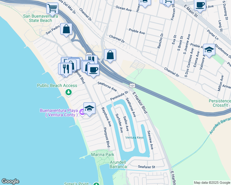 map of restaurants, bars, coffee shops, grocery stores, and more near 2589 Seahorse Avenue in Ventura