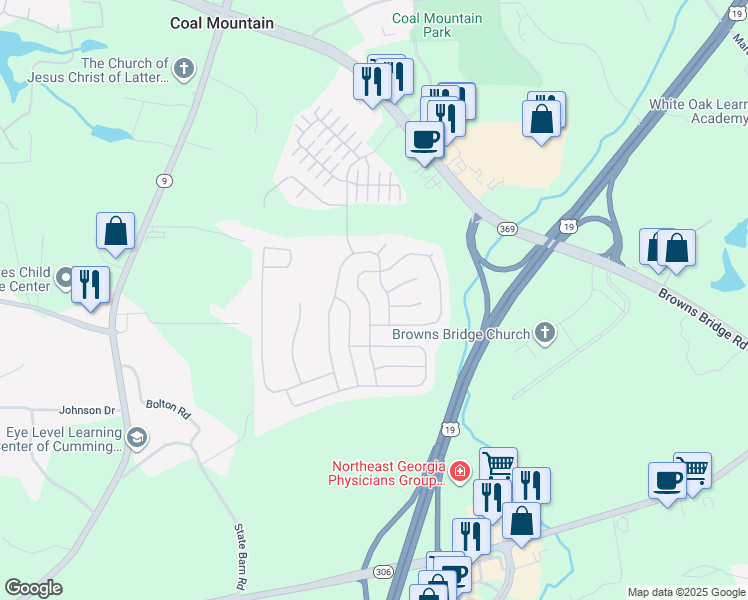 map of restaurants, bars, coffee shops, grocery stores, and more near 5090 Rialto Way in Cumming