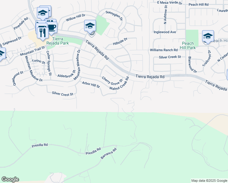 map of restaurants, bars, coffee shops, grocery stores, and more near 12489 Arbor Hill Street in Moorpark