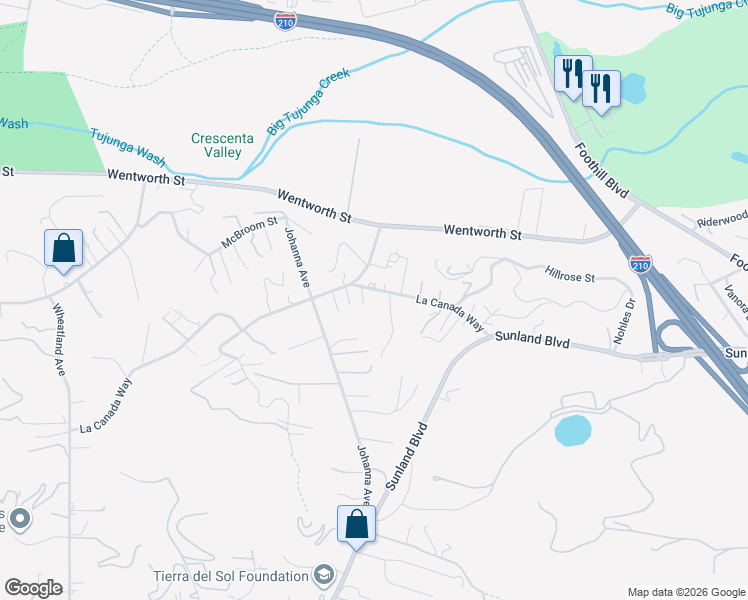 map of restaurants, bars, coffee shops, grocery stores, and more near 9740 La Canada Way in Los Angeles