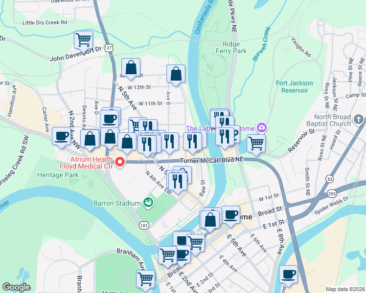 map of restaurants, bars, coffee shops, grocery stores, and more near 802 Avenue B in Rome