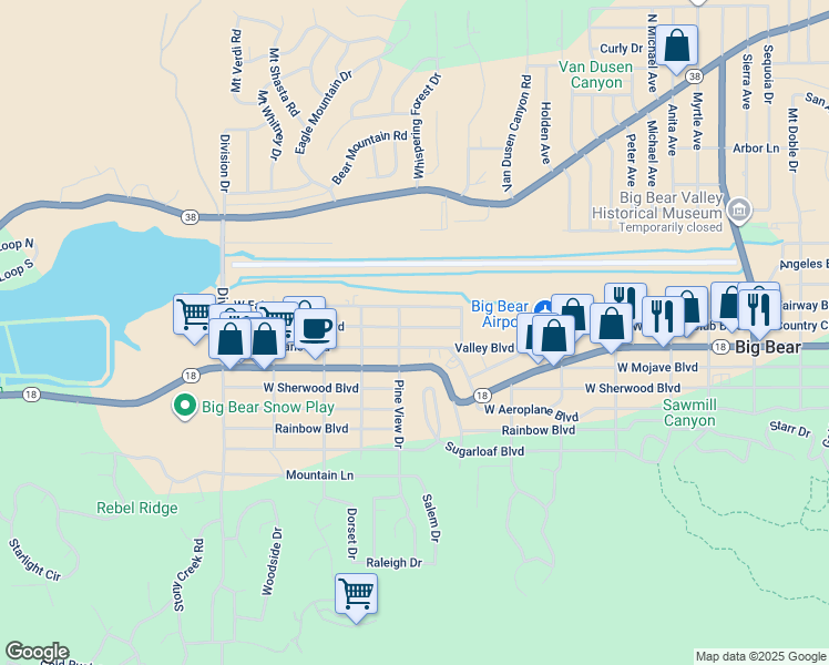 map of restaurants, bars, coffee shops, grocery stores, and more near 740 West Country Club Boulevard in Big Bear