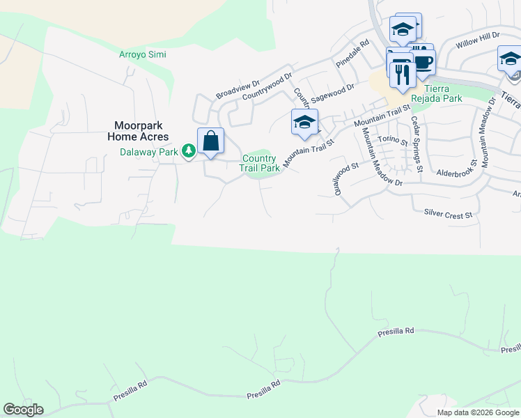 map of restaurants, bars, coffee shops, grocery stores, and more near 3881 Timberridge Road in Moorpark