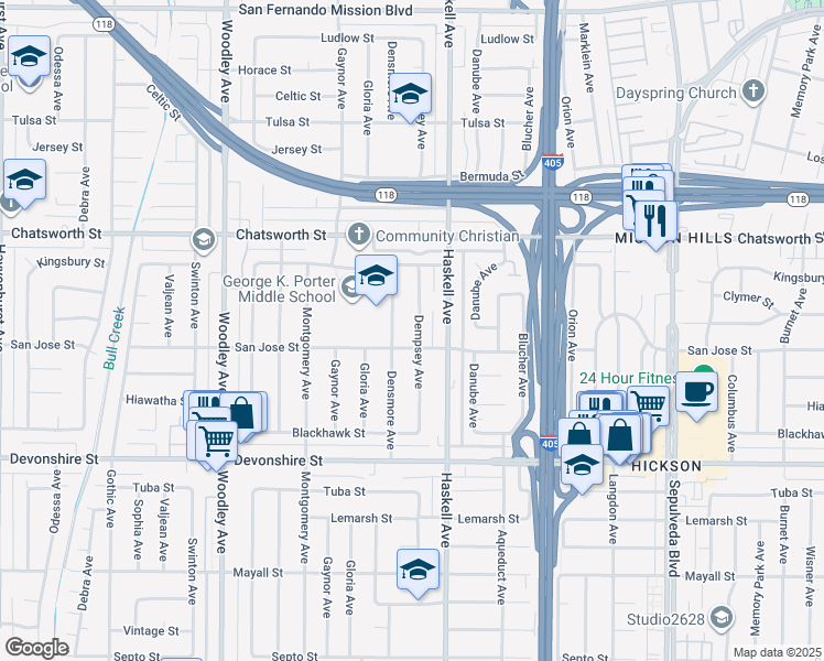 map of restaurants, bars, coffee shops, grocery stores, and more near 10517 Dempsey Avenue in Los Angeles