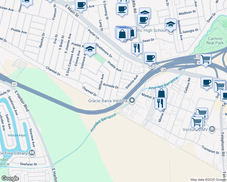 map of restaurants, bars, coffee shops, grocery stores, and more near 829 Empire Avenue in Ventura