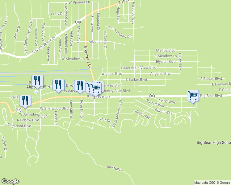 map of restaurants, bars, coffee shops, grocery stores, and more near 225 East Big Bear Boulevard in Big Bear