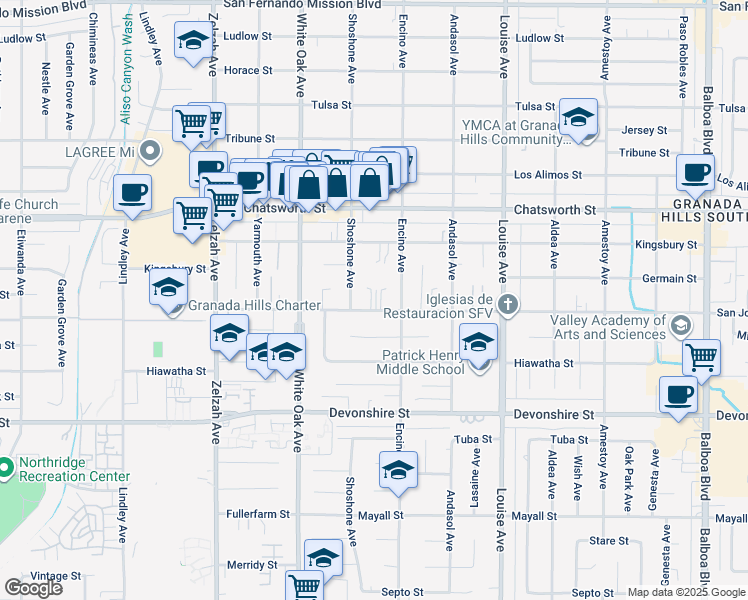 map of restaurants, bars, coffee shops, grocery stores, and more near 17531 San Jose Street in Los Angeles