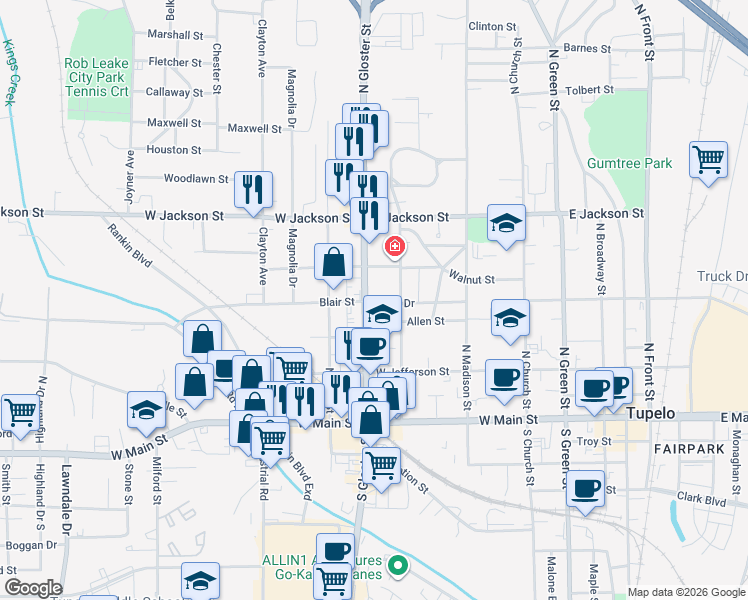 map of restaurants, bars, coffee shops, grocery stores, and more near 367 North Gloster Street in Tupelo