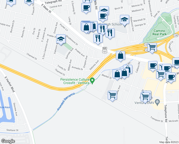 map of restaurants, bars, coffee shops, grocery stores, and more near 3398 Armada Drive in Ventura