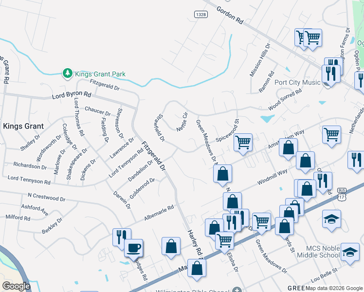 map of restaurants, bars, coffee shops, grocery stores, and more near 6220 Strawfield Drive in Wilmington