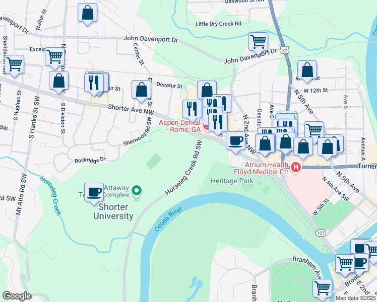 map of restaurants, bars, coffee shops, grocery stores, and more near 6 Horseleg Creek Road Southwest in Rome