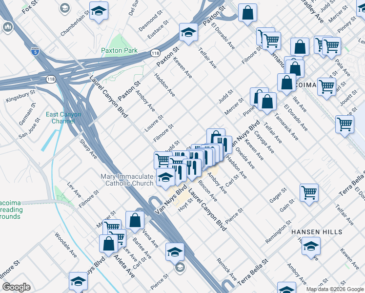 map of restaurants, bars, coffee shops, grocery stores, and more near 10541 Amboy Avenue in Los Angeles
