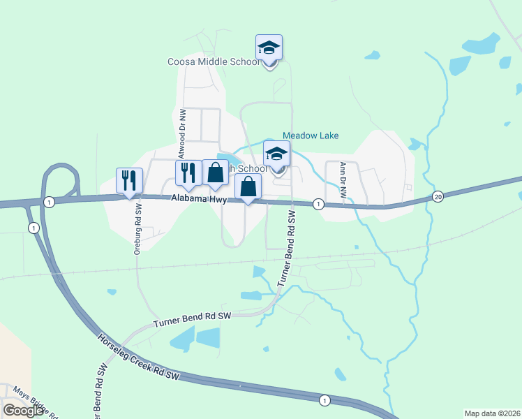 map of restaurants, bars, coffee shops, grocery stores, and more near 20 Wheeling Drive Southwest in Rome