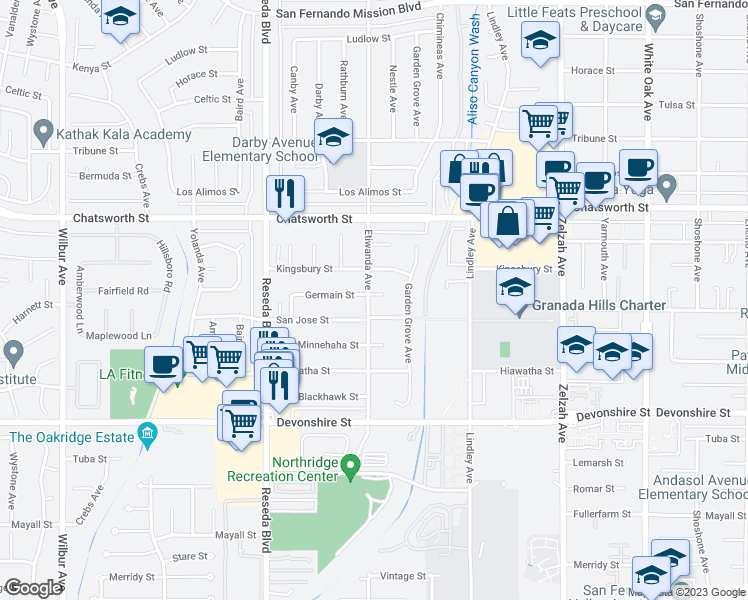 map of restaurants, bars, coffee shops, grocery stores, and more near 18264 Germain Street in Los Angeles