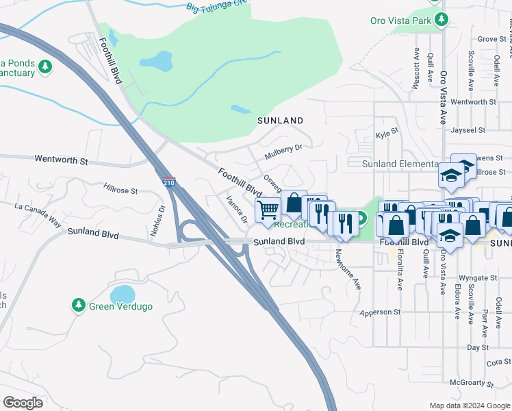 map of restaurants, bars, coffee shops, grocery stores, and more near 10622 Franlie Drive in Los Angeles