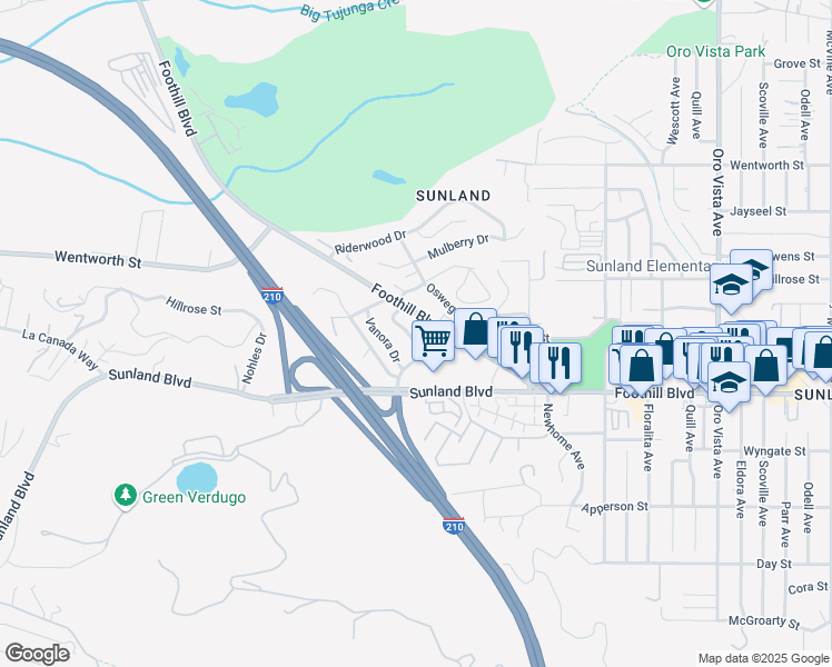 map of restaurants, bars, coffee shops, grocery stores, and more near 10622 Franlie Drive in Los Angeles