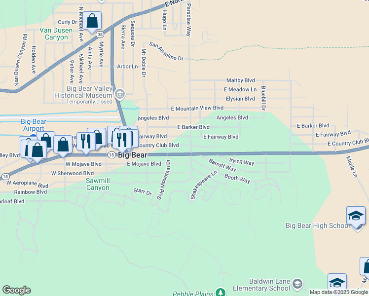 map of restaurants, bars, coffee shops, grocery stores, and more near 332 East Country Club Boulevard in Big Bear