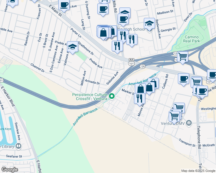 map of restaurants, bars, coffee shops, grocery stores, and more near 3398 Armada Drive in Ventura