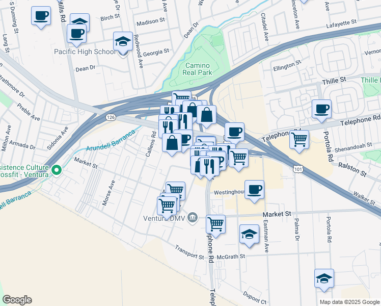 map of restaurants, bars, coffee shops, grocery stores, and more near 4200 East Main Street in Ventura